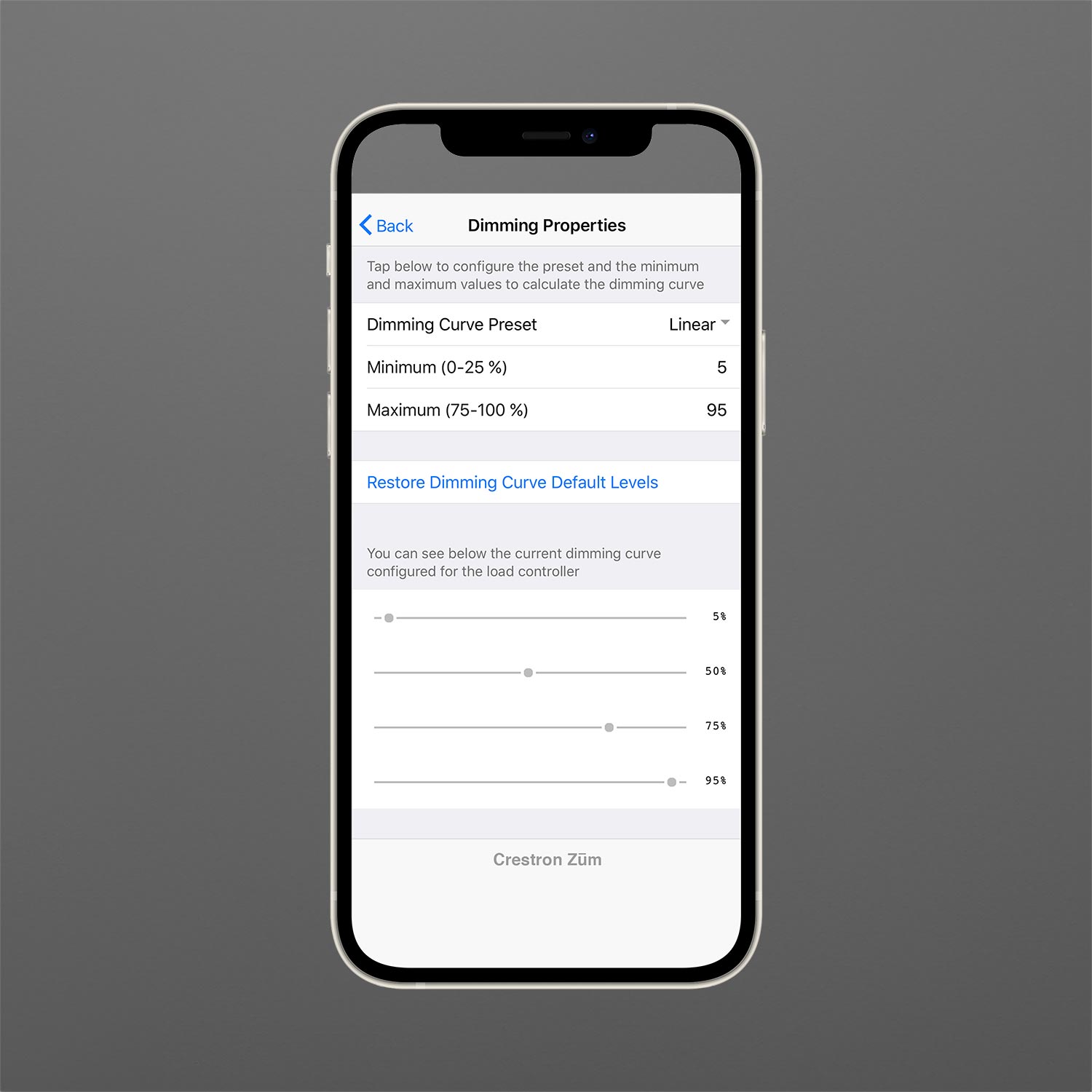 Crestron Zum mobile app for dimming control displayed on a smartphone with dimming options.