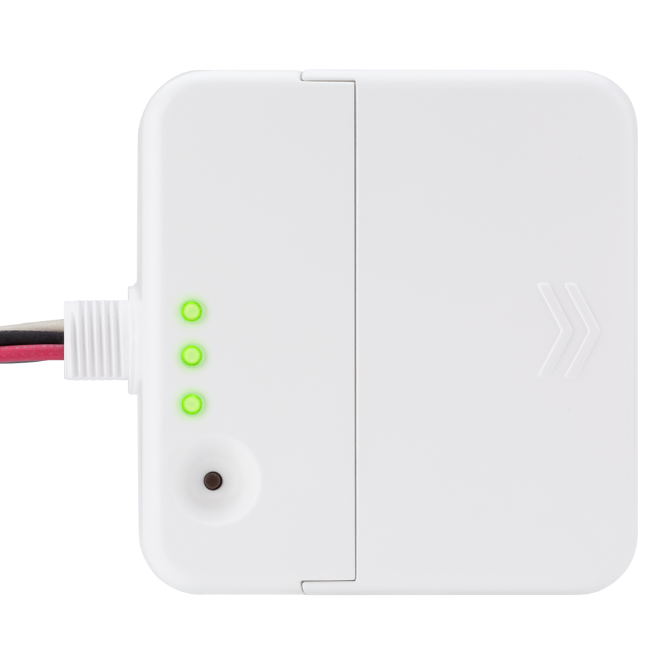Crestron wireless J-box load controller with green LED indicators for power status.