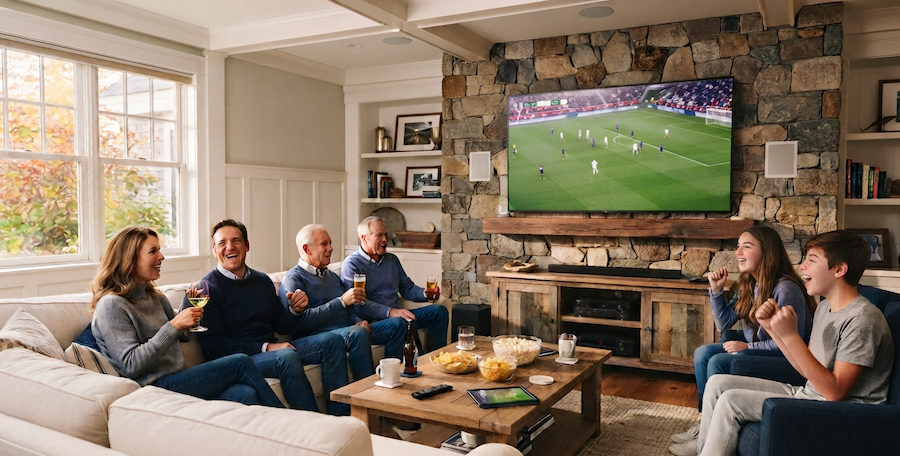 A media room with family and friends watching a World Cup soccer match.
