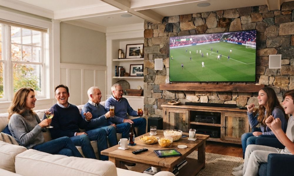 A media room with family and friends watching a World Cup soccer match.
